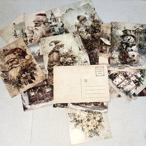 NEW 32 Vintage Looking Christmas Postcards Set – Santa Claus, Snowman, Rustic